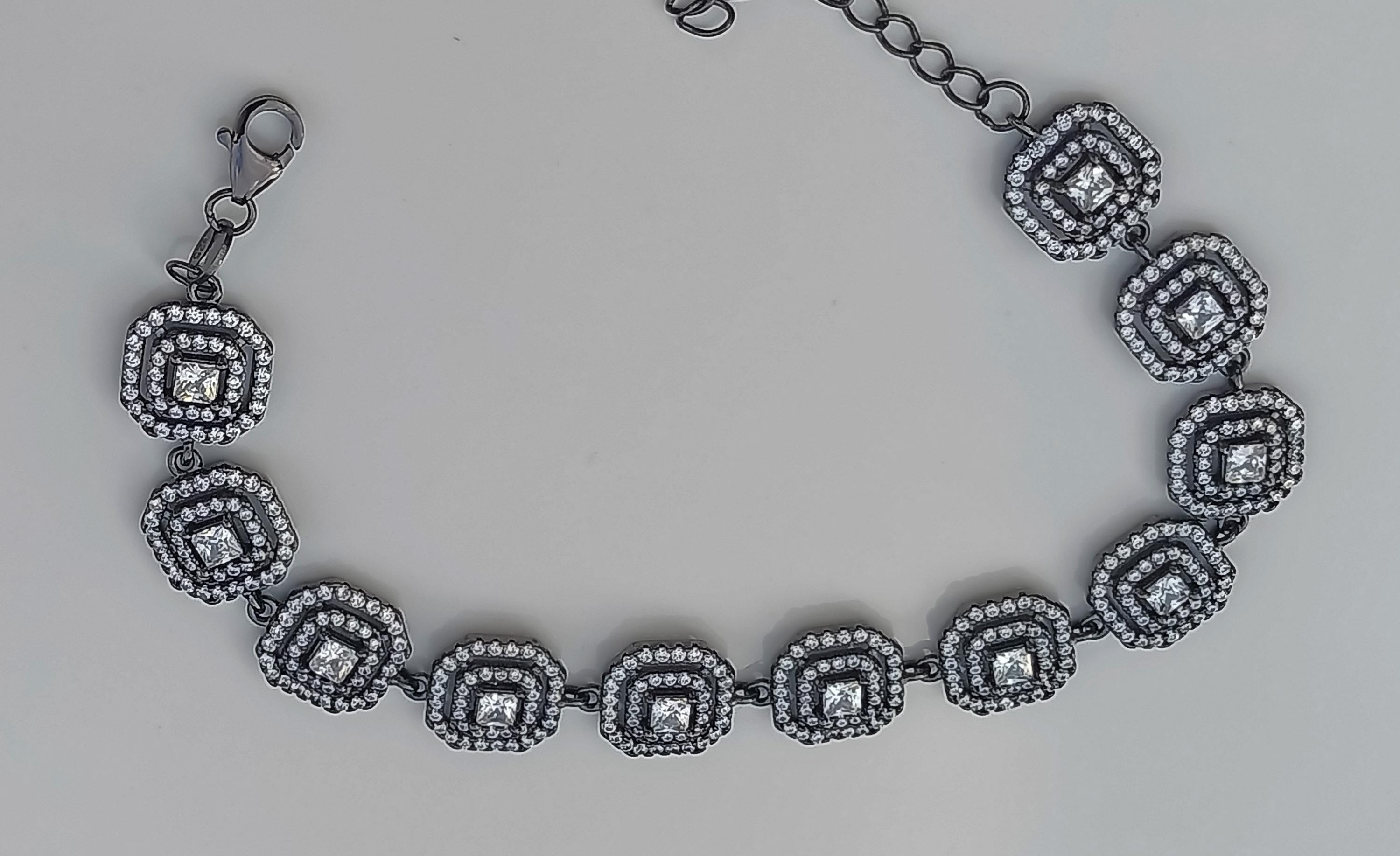 Handmade Zircon Gemstone Bracelet: Black Silver Jewelry Gift