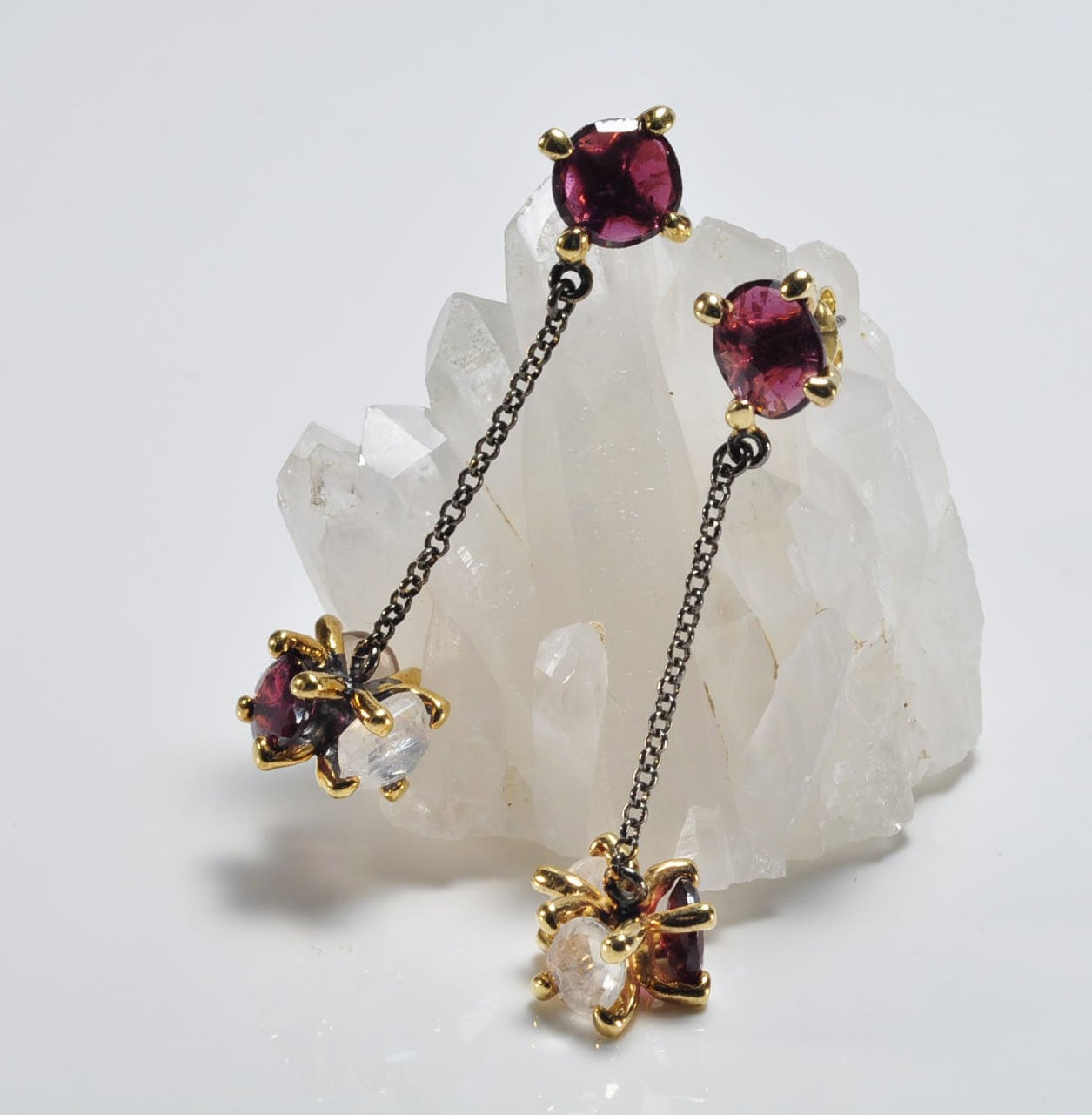 Handmade Tourmaline and Moonstone Silver Dangle Earrings, Gift for Her