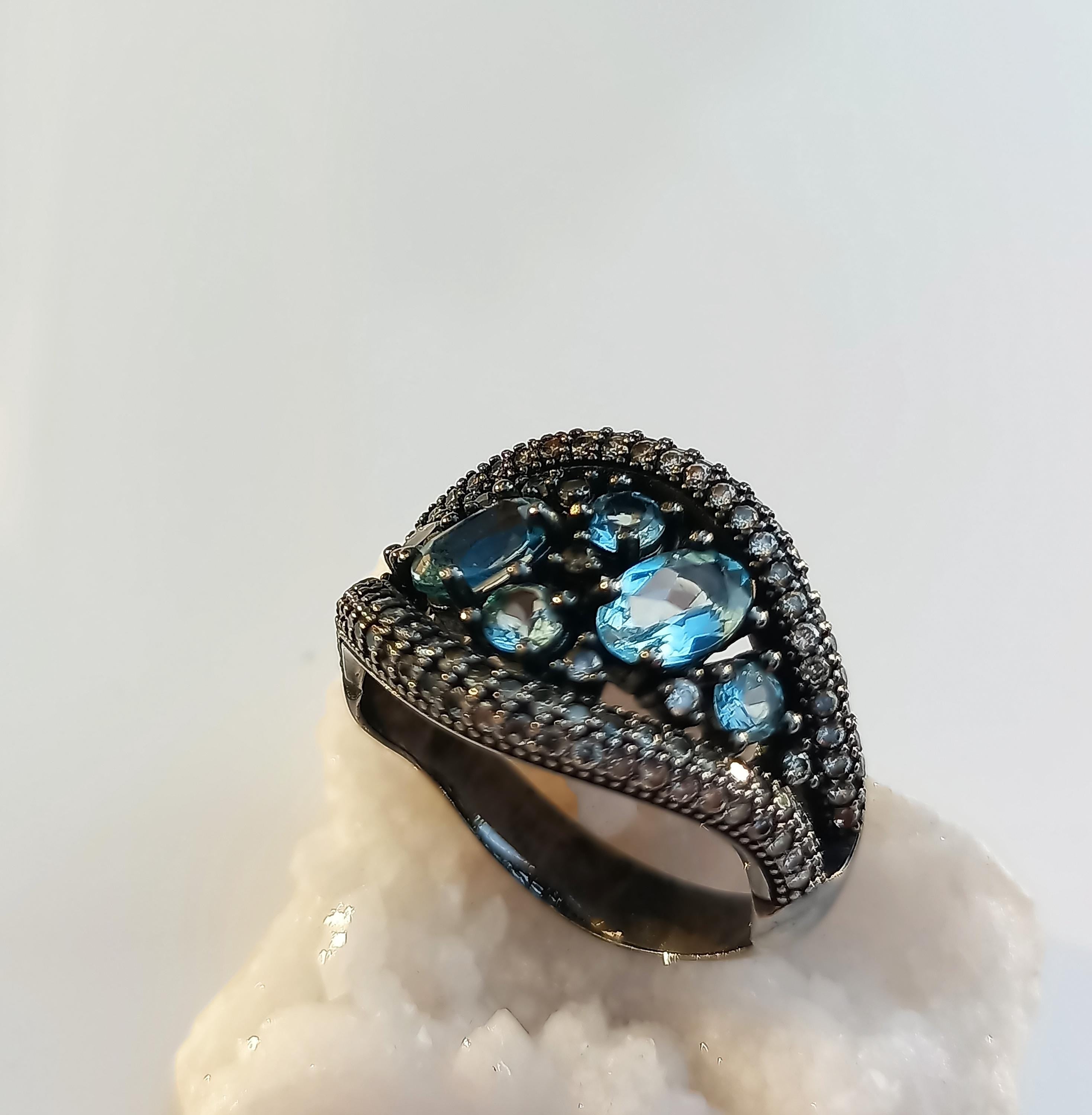 Handmade Aquamarine Black Silver Ring: Tranquility Stone Jewelry