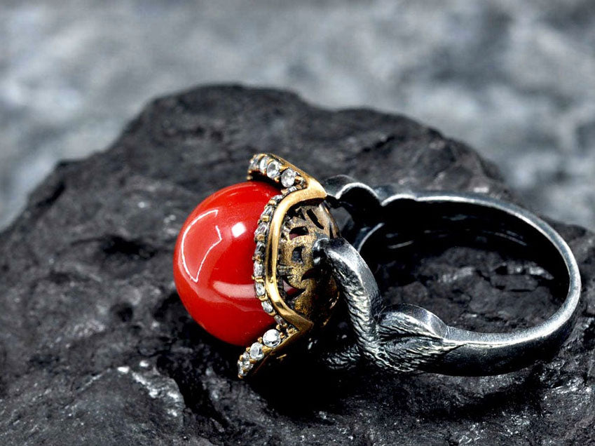 Handmade Natural Coral  & Zircon Ring – 925 Sterling Silver Jewelry Gift for Her