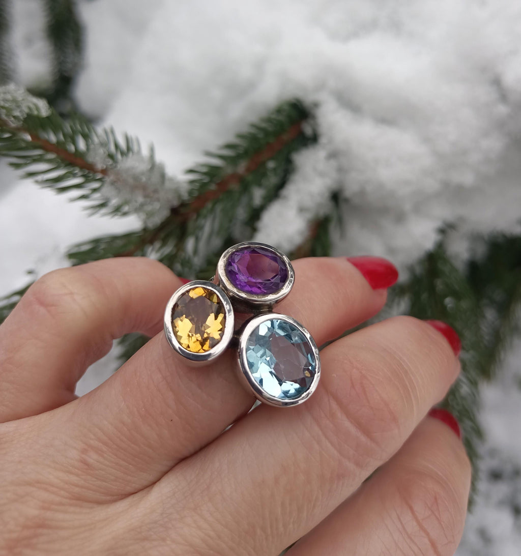 Handmade Aquamarine Amethyst Citrine Sterling Silver Ring, 925 Band Gemstone Ring