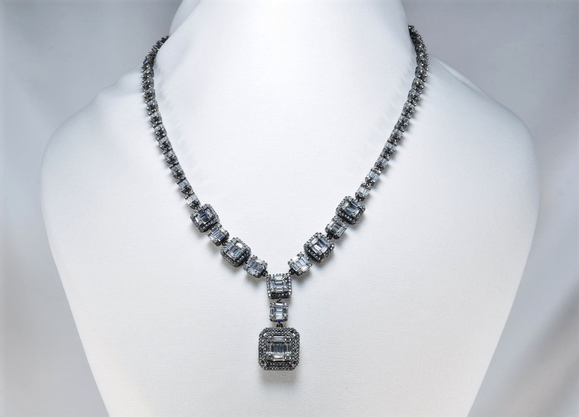 Handmade Baguette Zircon Black Silver Necklace,925 Black Silver Authentic Baguette Zircon Necklace,Wedding Gift for Her