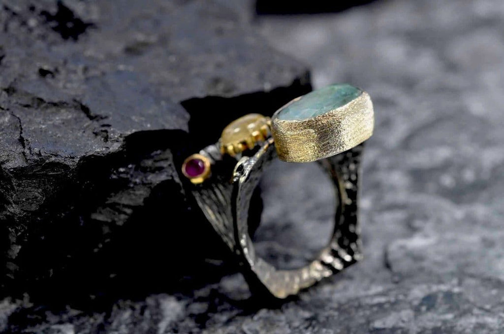 Handmade Emerald Rutile Quartz and Ruby Silver Ring, Multistone Silver Ring, Handcrafted Jewelry Ring, Gift for Her