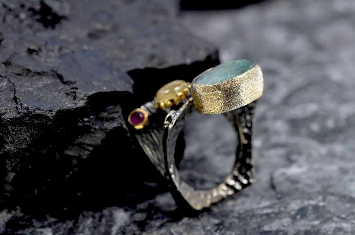 Handmade Emerald Rutile Quartz and Ruby Silver Ring, Multistone Silver Ring, Handcrafted Jewelry Ring, Gift for Her