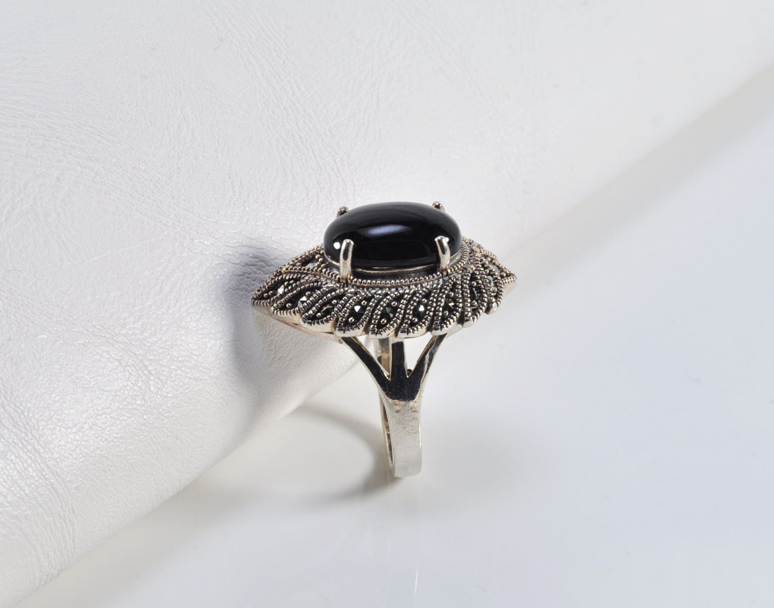 Handmade Onyx Marcasite Ring: 925 Sterling Silver Jewelry