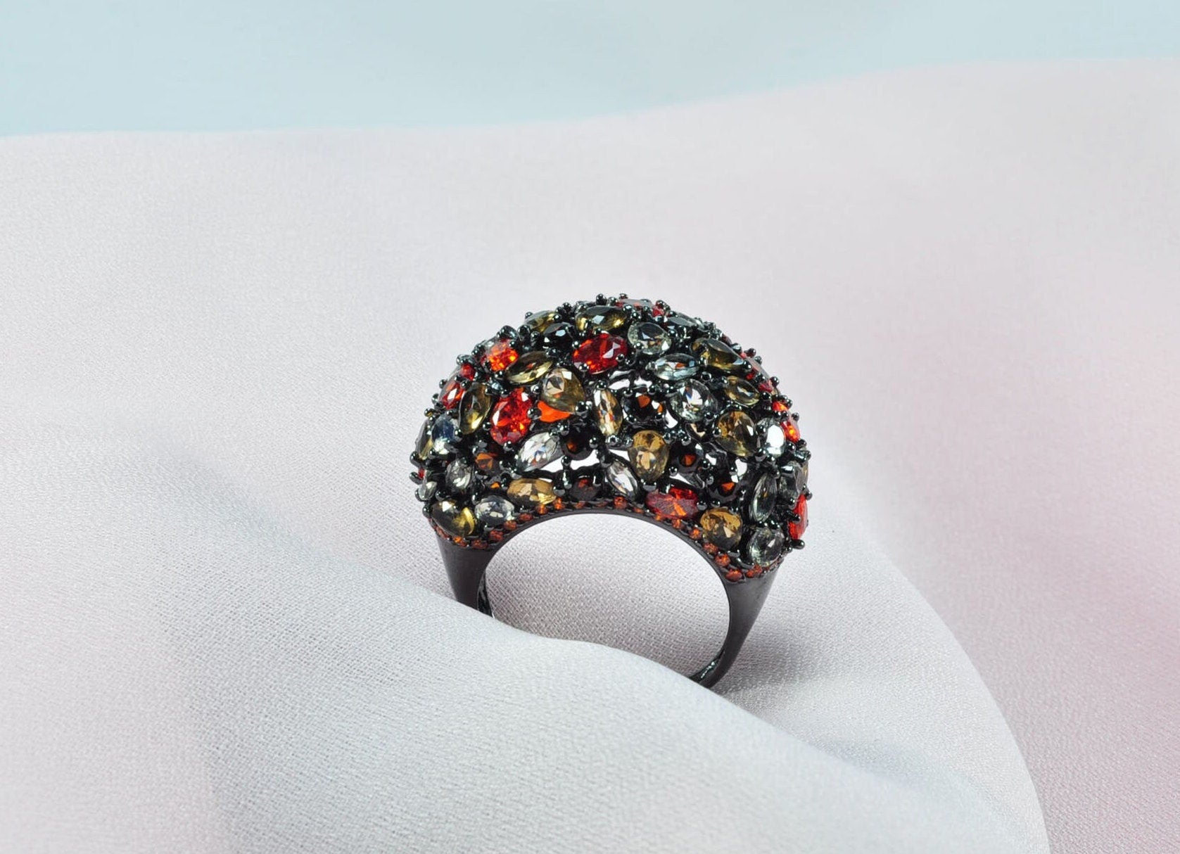 Handmade Black Silver Ring, Multi-Color Zircon Gemstone, December Birthstone Jewelry