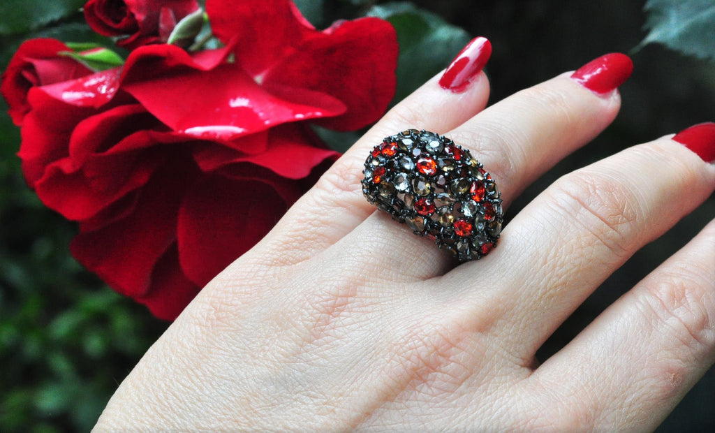 Handmade Black Silver Ring, Multi-Color Zircon Gemstone, December Birthstone Jewelry