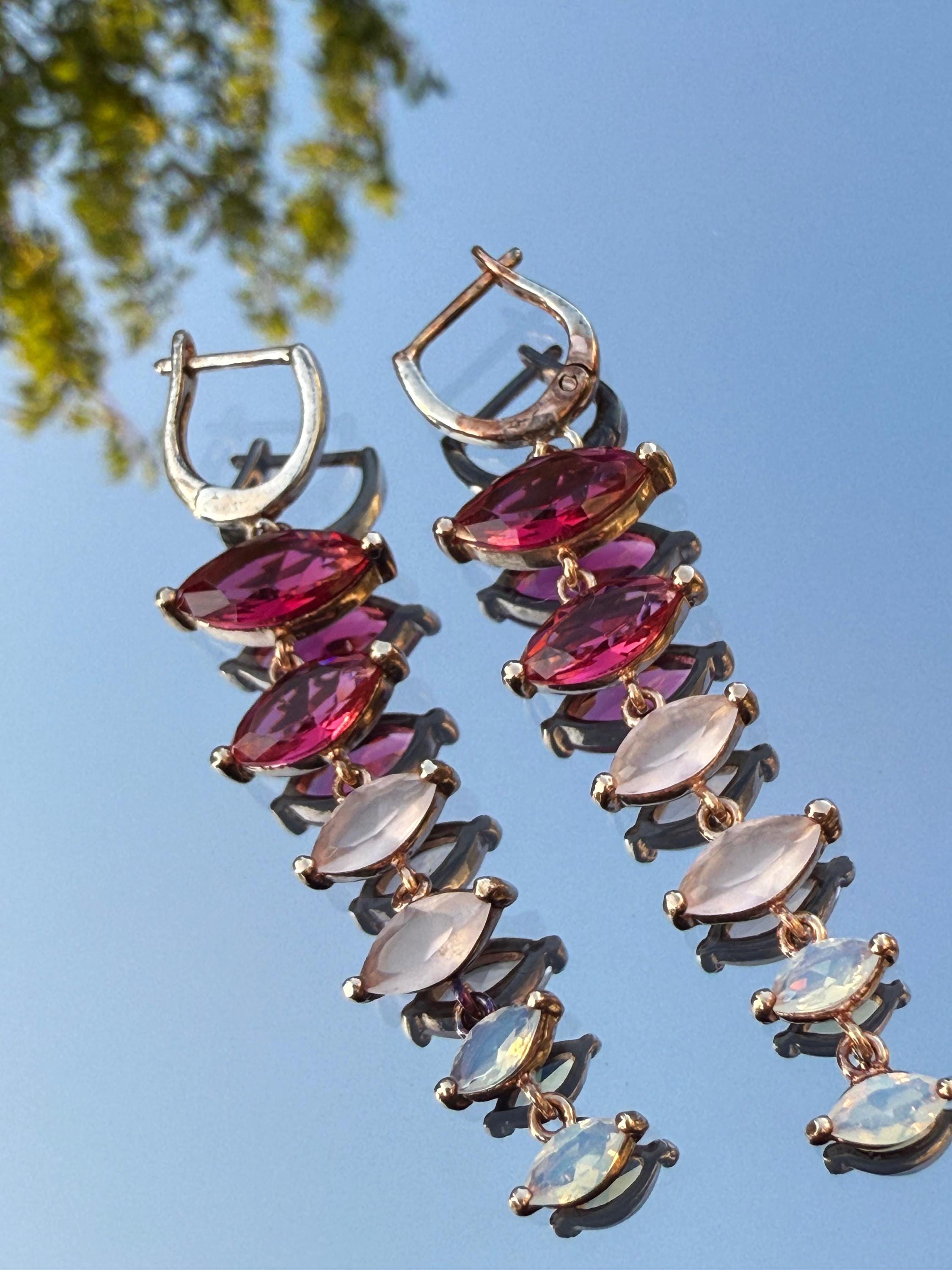 Handmade Rose Silver Earrings: Pink Quartz, Garnet & Opal Gemstone