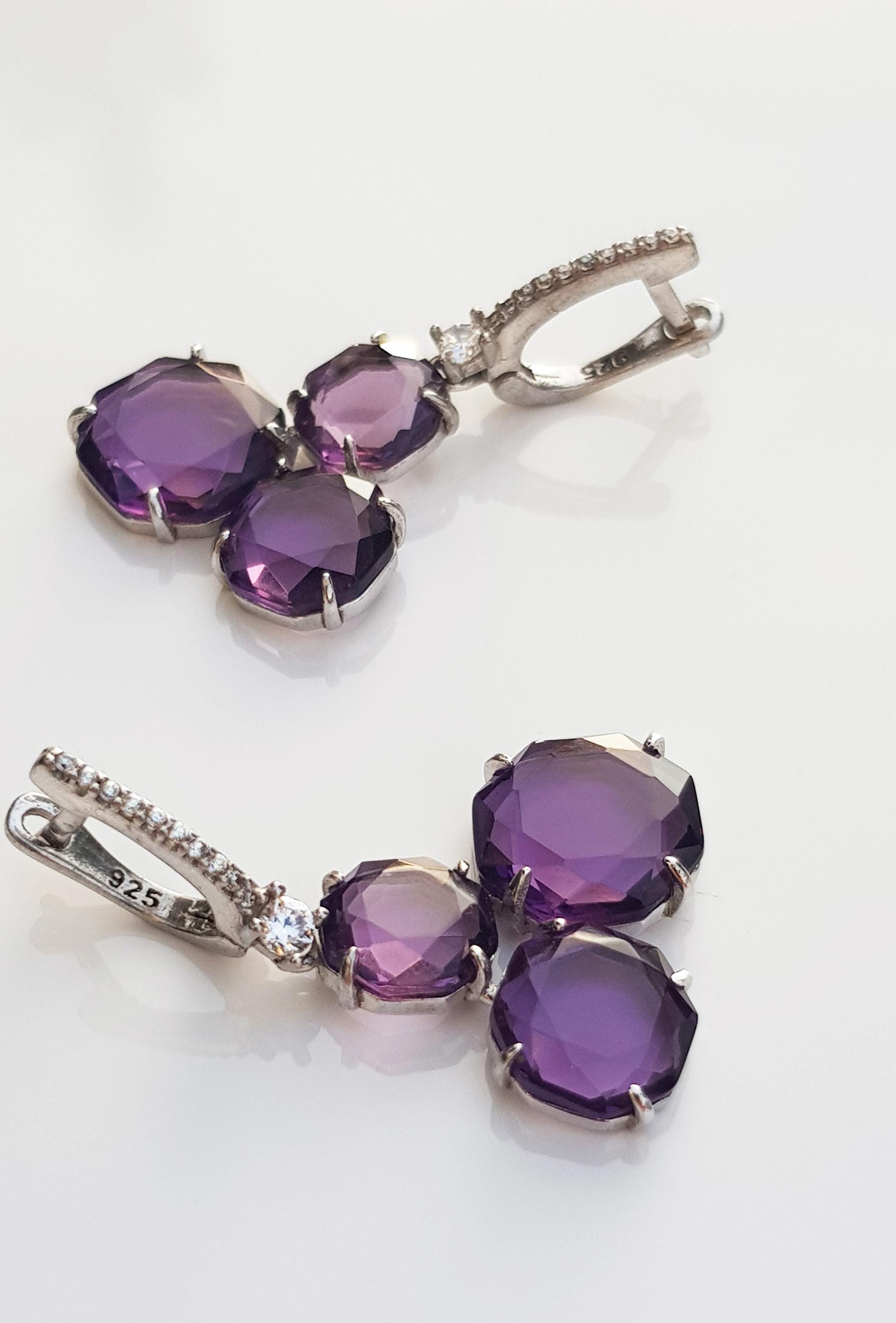 Handmade Amethyst and Zircon Silver Earrings: February & December Birthstones