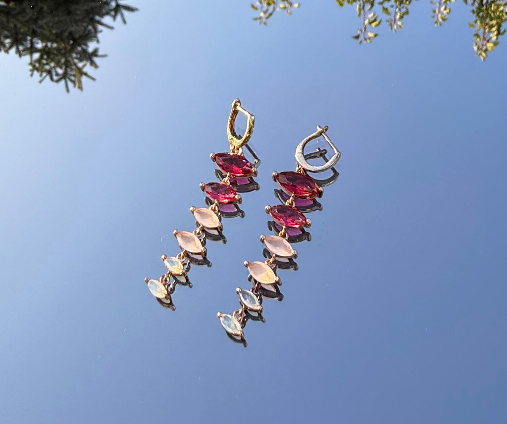 Handmade Rose Silver Earrings: Pink Quartz, Garnet & Opal Gemstone