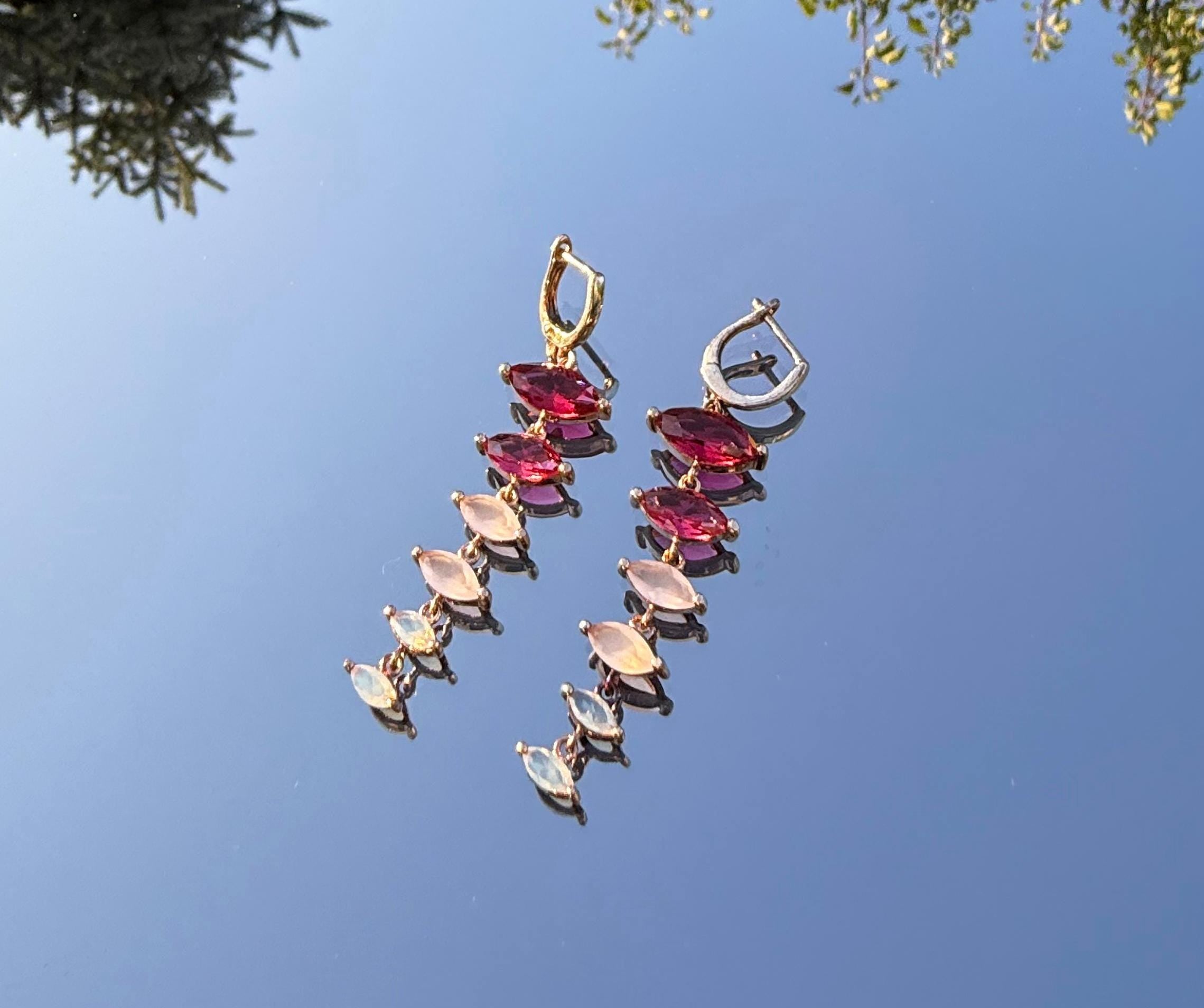 Handmade Rose Silver Earrings: Pink Quartz, Garnet & Opal Gemstone