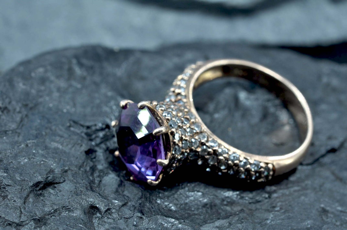 Handmade Amethyst & Zircon Ring – Rose Silver Jewelry Gift for Her