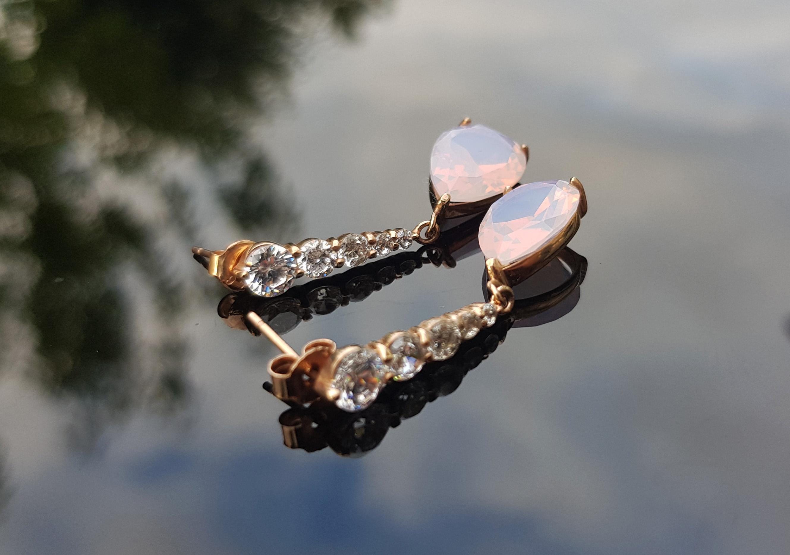 Handmade Rose Quartz & Zircon Earrings: Rose Silver Jewelry