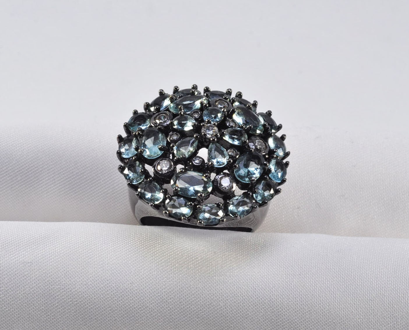 Handmade Aquamarine and Zircon Black Silver Ring:March & December Birthstone