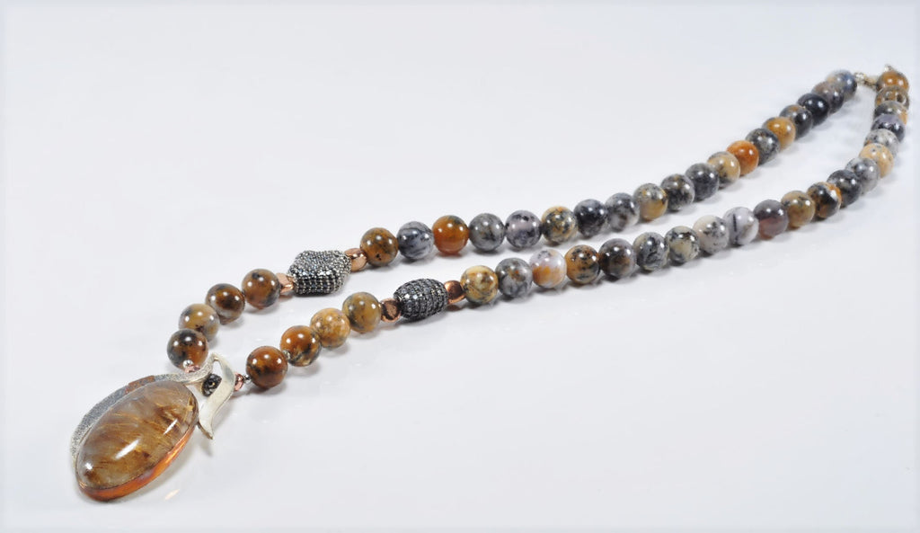 Handmade Jasper Rutilated Quartz Zircon Sterling Silver Necklace