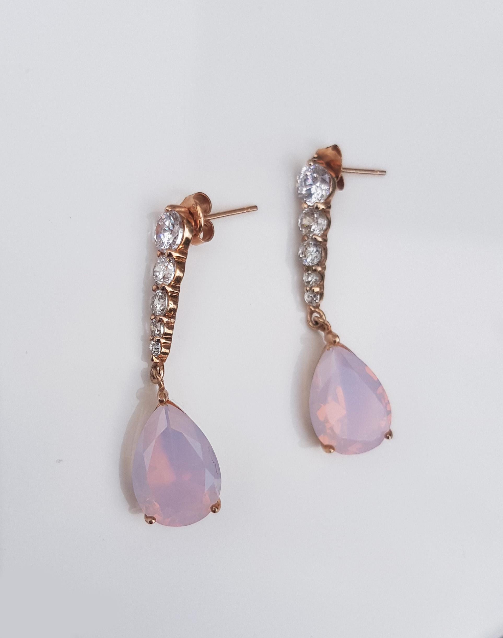 Handmade Rose Quartz & Zircon Earrings: Rose Silver Jewelry