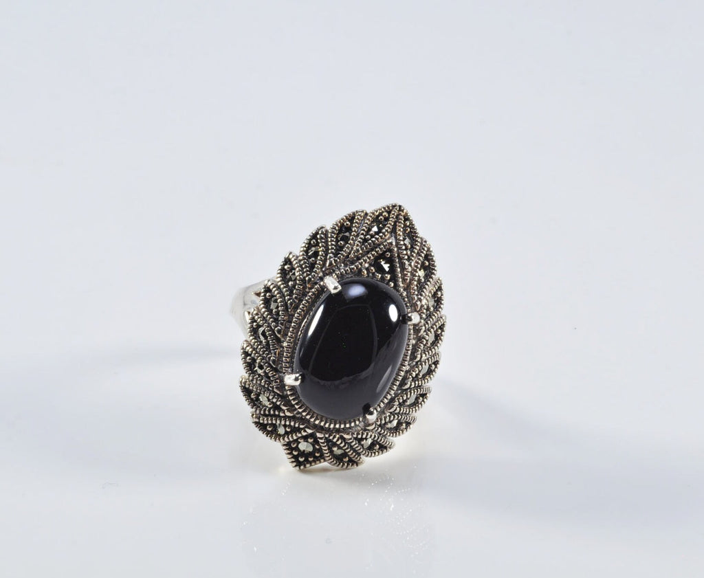 Handmade Onyx Marcasite Ring: 925 Sterling Silver Jewelry