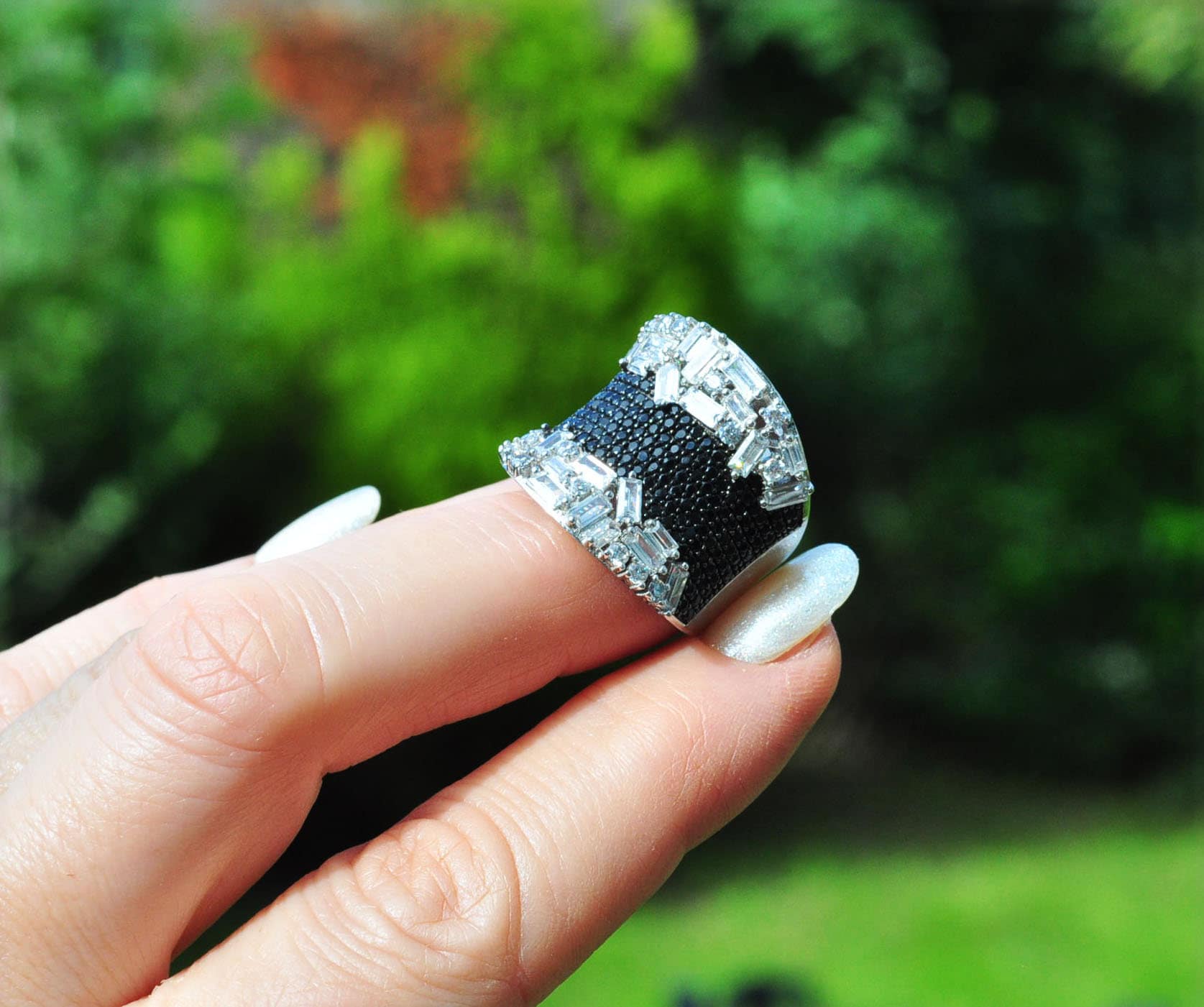 Handmade Baguette Zircon and Black Zircon Ring in Sterling Silver, Unique Gemstone Jewelry