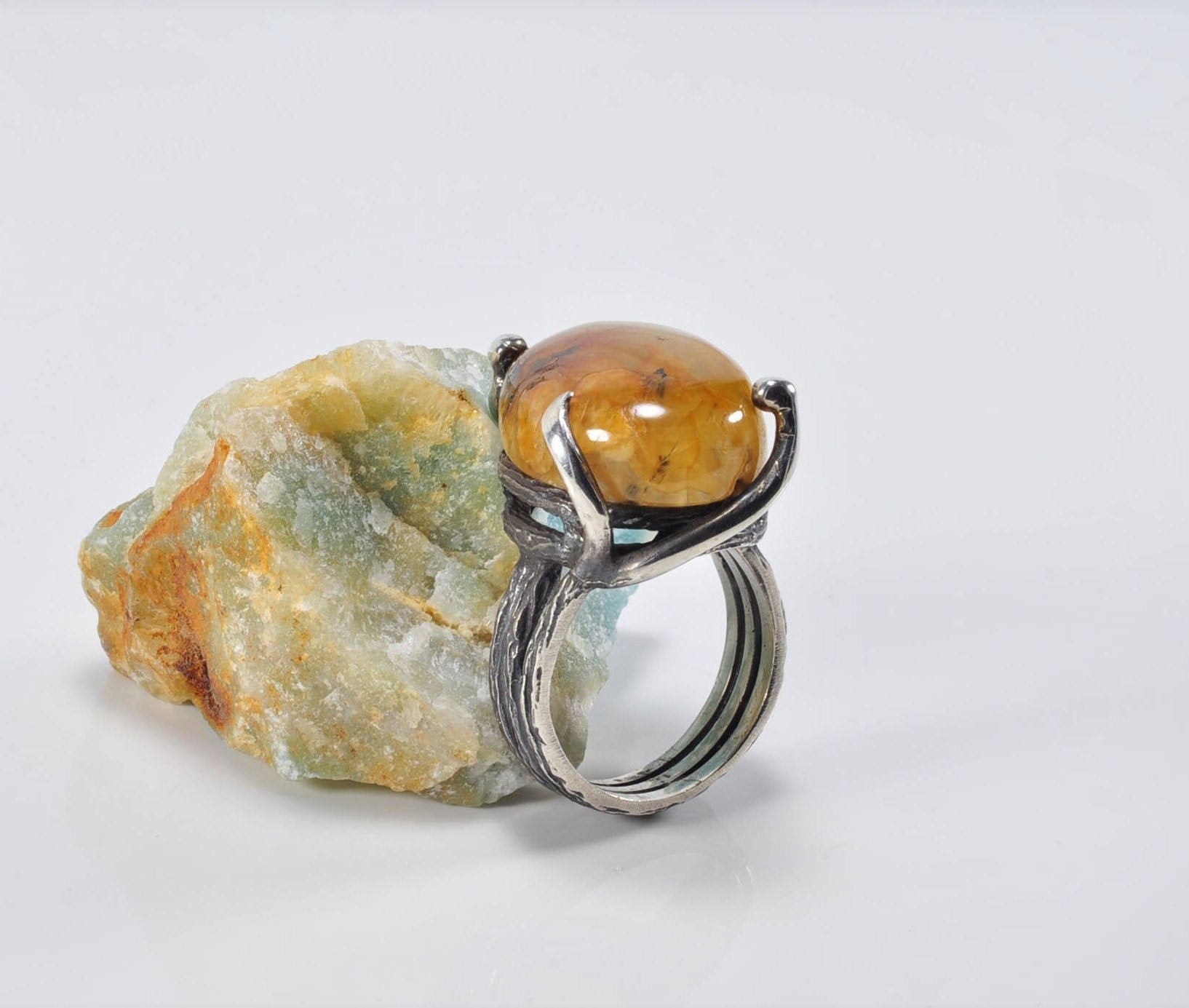 Handmade Amber Silver Ring, Handcrafted Amber Jewelry, 925 Silver Band Amber Ring,Gift for her
