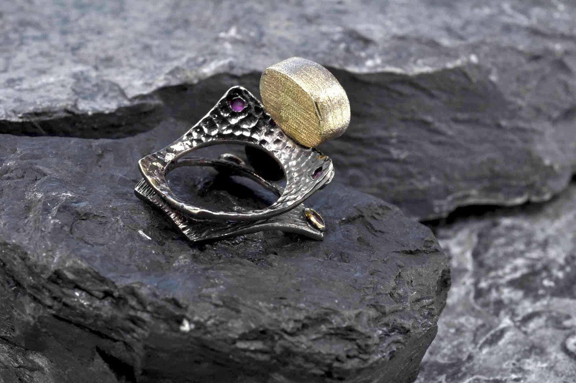 Handmade Emerald Rutile Quartz and Ruby Silver Ring, Multistone Silver Ring, Handcrafted Jewelry Ring, Gift for Her