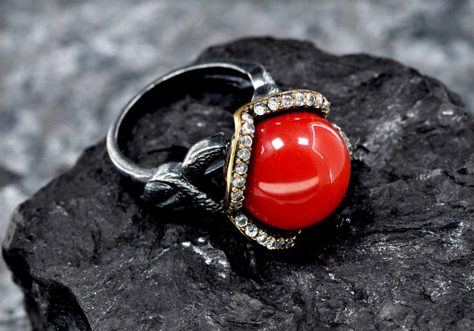 Handmade Natural Coral  & Zircon Ring – 925 Sterling Silver Jewelry Gift for Her