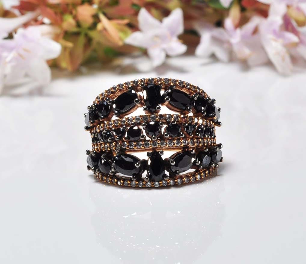 Handmade Onyx and Zircon Silver Ring, Handcrafted Onyx and Zircon Jewelry,Wedding Ring Gift, 925 Silver Onyx and Zircon Ring,Gift for her