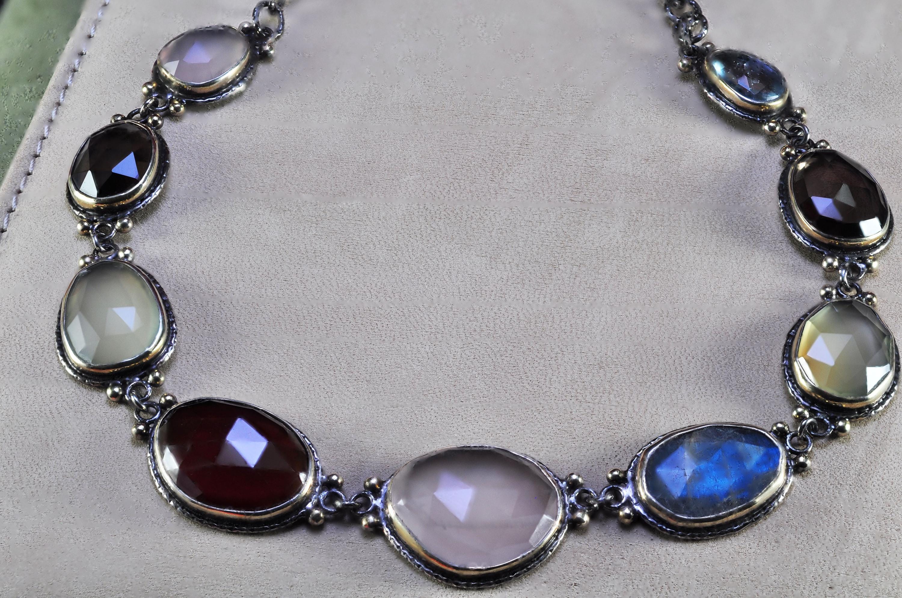 Handcrafted Genuine Rose Quartz  Agate  Aquamarinee  Amethyst Labradorite  Citrine Silver Necklace,Multistone Gemstone Necklace