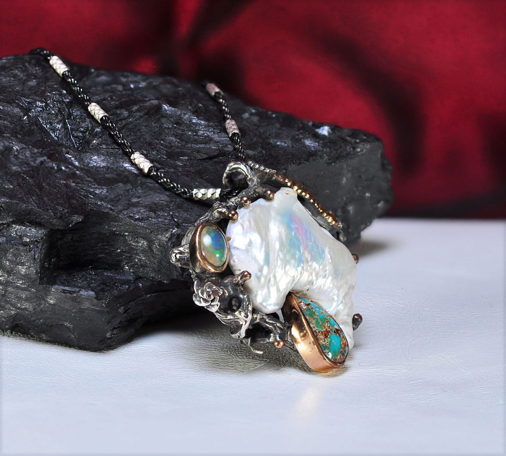 Handmade Pearl Opal Turquoise Silver Necklace, Gemstone Jewelry Gift