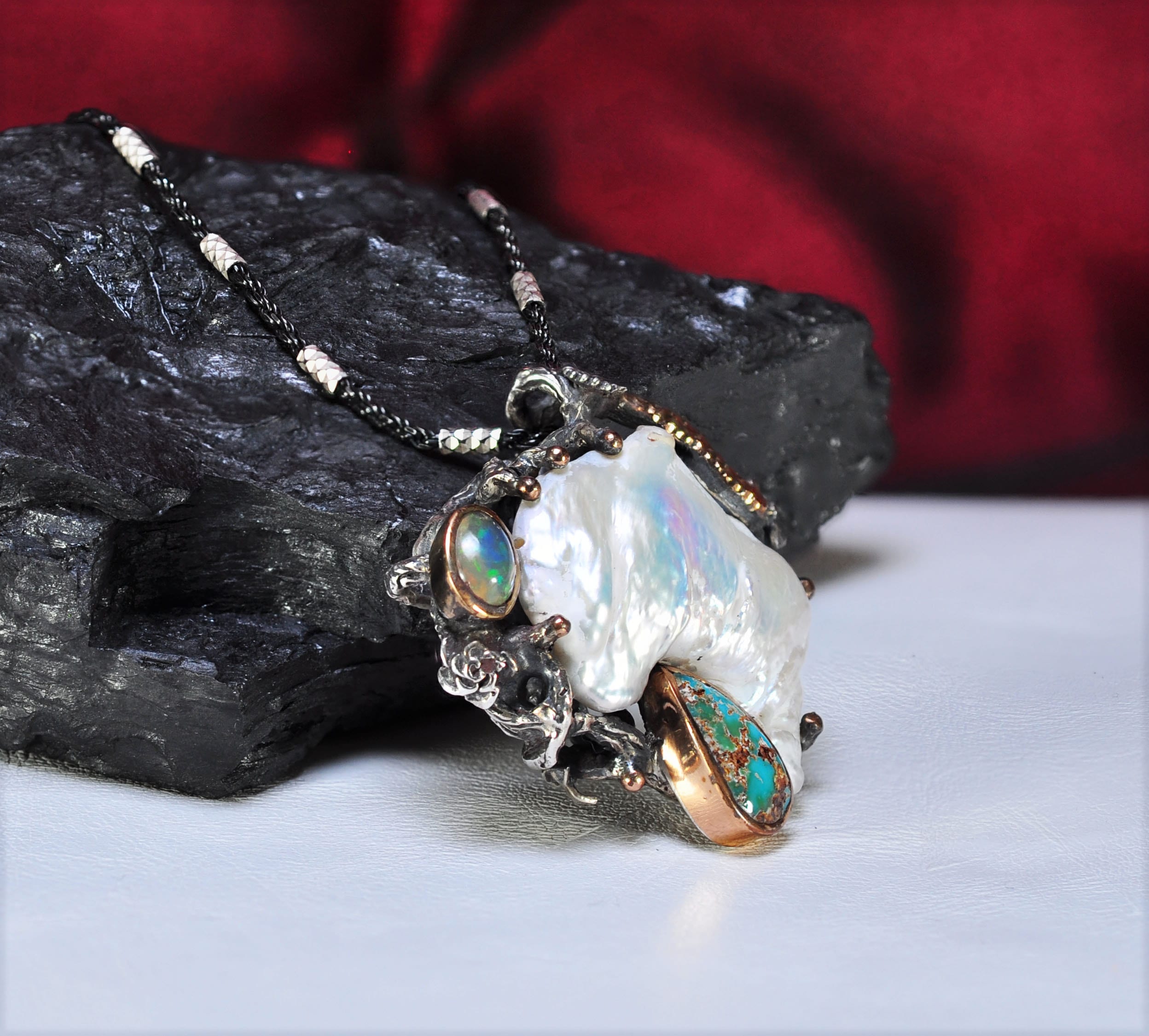 Handmade Pearl Opal Turquoise Silver Necklace, Gemstone Jewelry Gift
