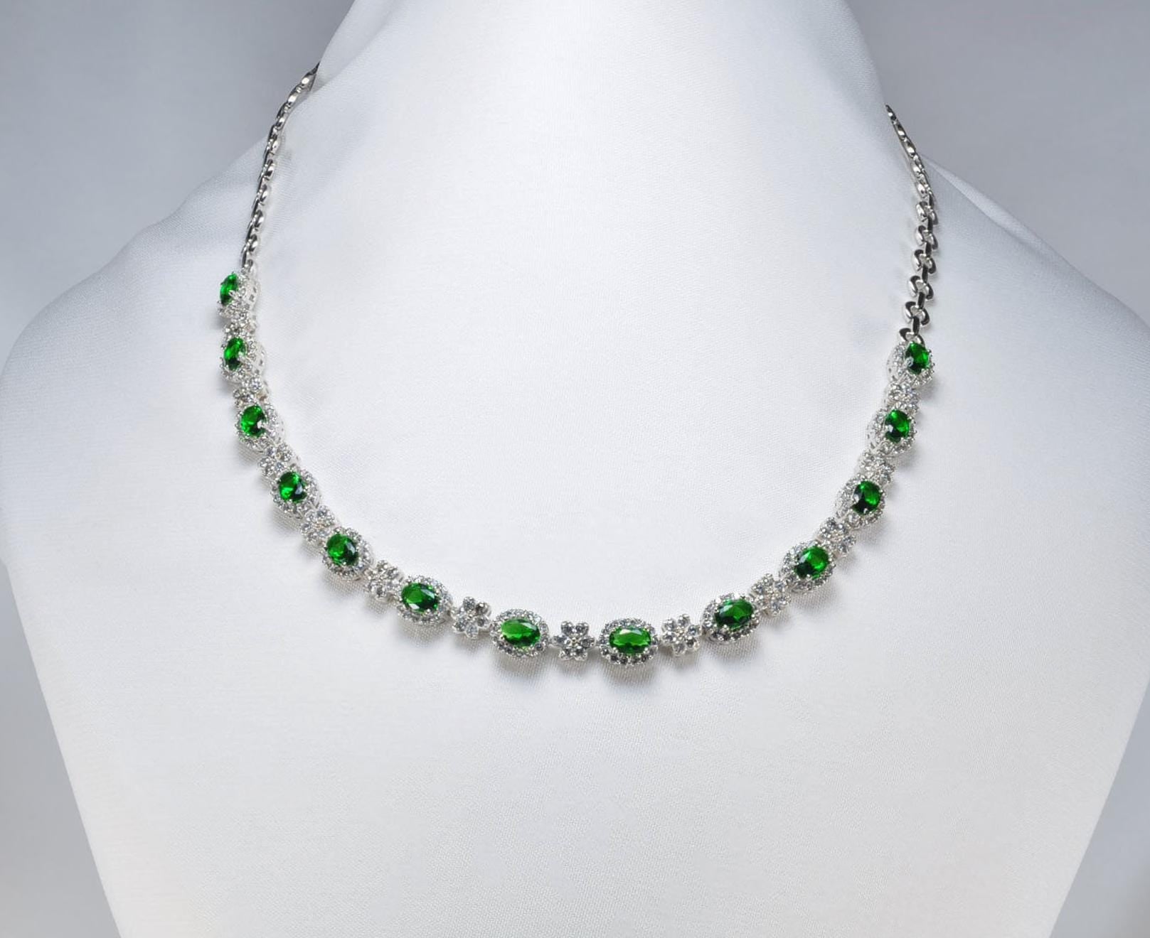 Handmade Emerald & Zircon 925 Sterling Silver Necklace