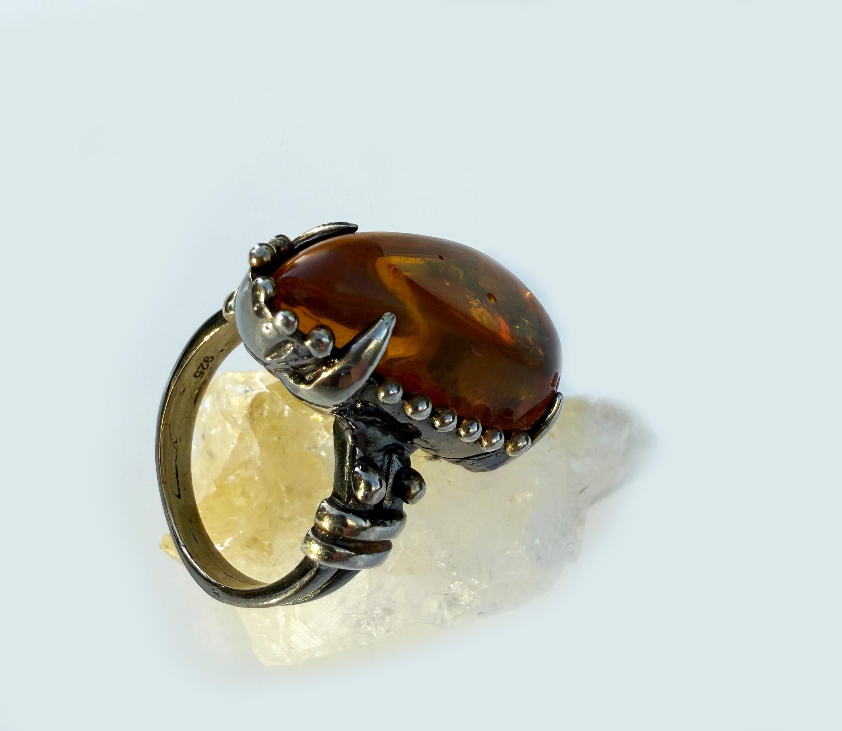 Handmade Amber Silver Ring, Handcrafted Amber Jewelry, 925 Silver Band Amber Ring,Gift for her