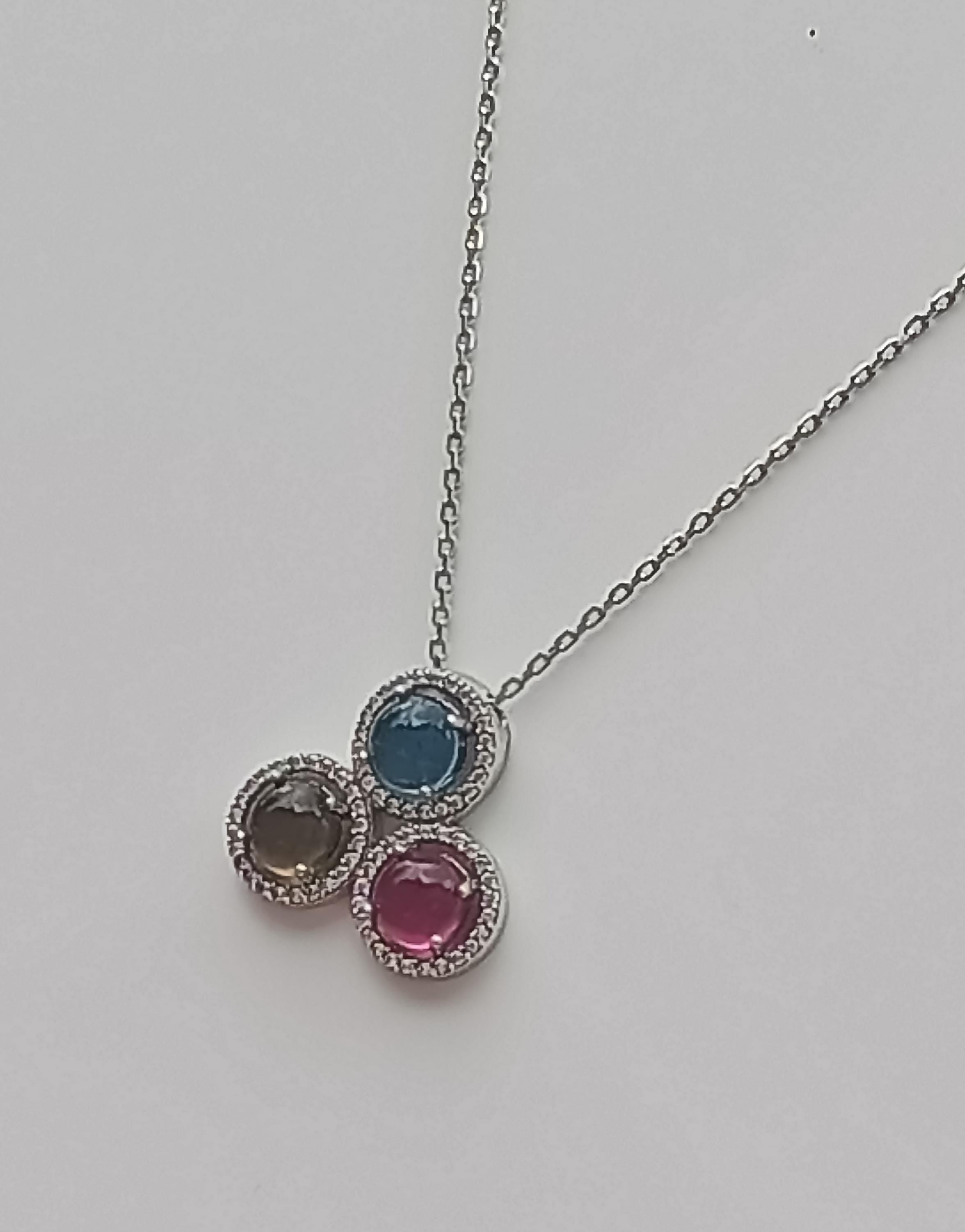 Handmade Aquamarine, Pink Quartz, Citrine and Zircon Silver Necklace, Handcrafted Multistone 925 Sterling Silver Jewelry