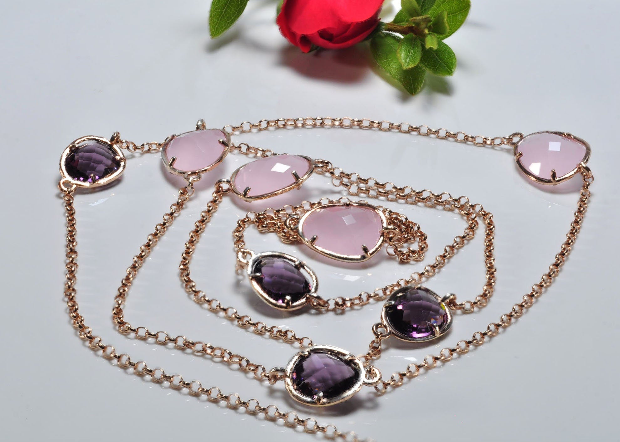 Handmade Amethyst and Rose Quartz Silver Necklace,925 Sterling Silver Authentic Necklace, Amethyst and Rose Quartz Gemstone Jewelry