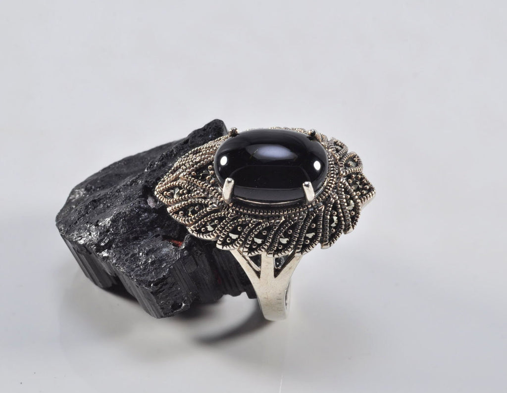Handmade Onyx Marcasite Ring: 925 Sterling Silver Jewelry