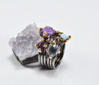 Elegant Aquamarine and Amethyst Sterling Silver Ring, Handmade Jewelry Gift for Her