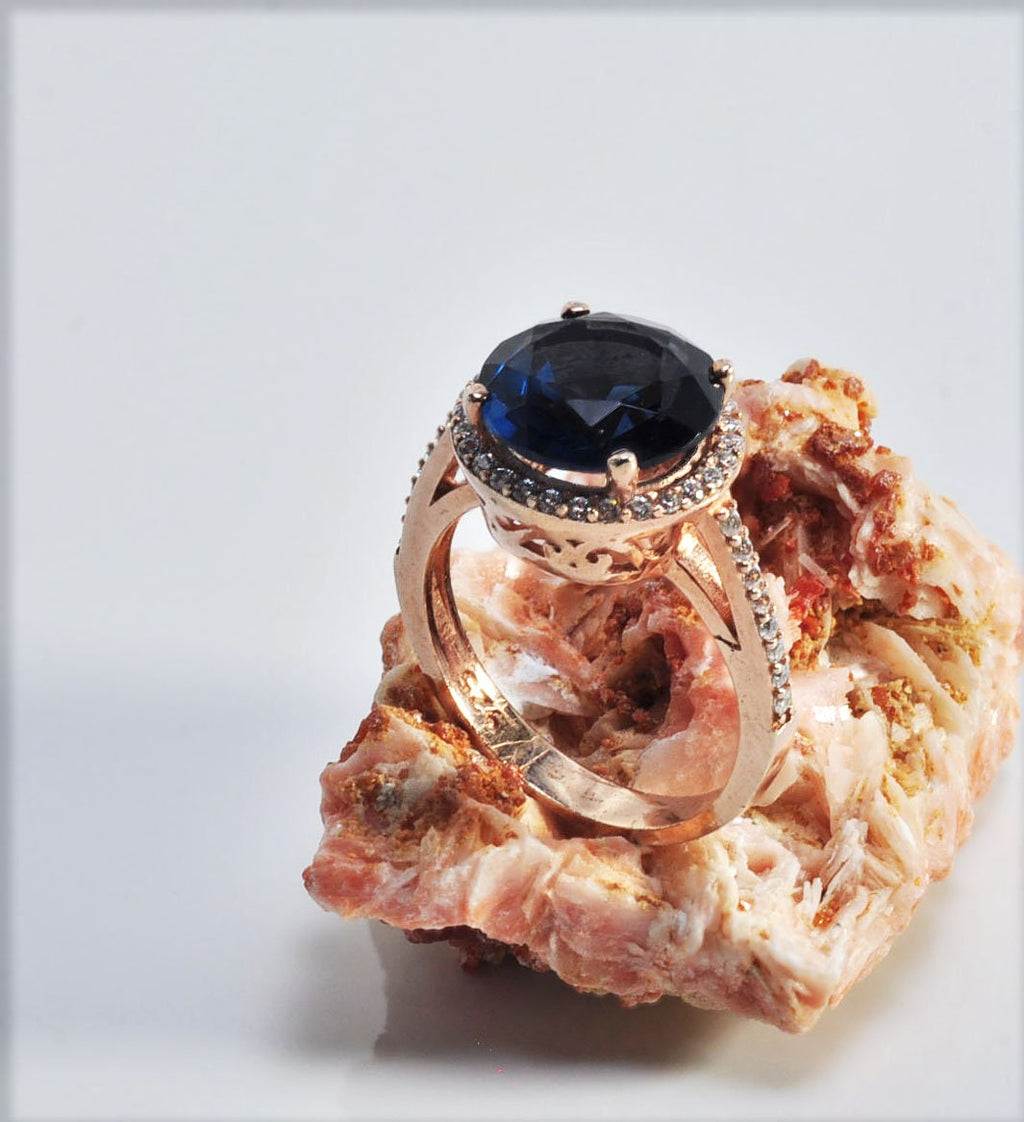 Handmade Sapphire and Zircon Silver Ring, Handcrafted Sapphire and Zircon Jewelry, Rose Silver Band Sapphire and Zircon Ring,Gift for her