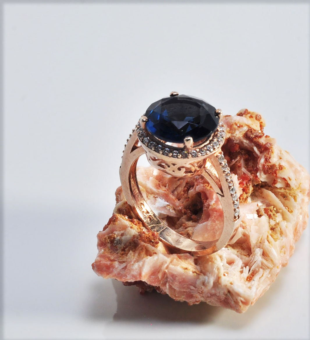 Handmade Sapphire and Zircon Silver Ring, Handcrafted Sapphire and Zircon Jewelry, Rose Silver Band Sapphire and Zircon Ring,Gift for her