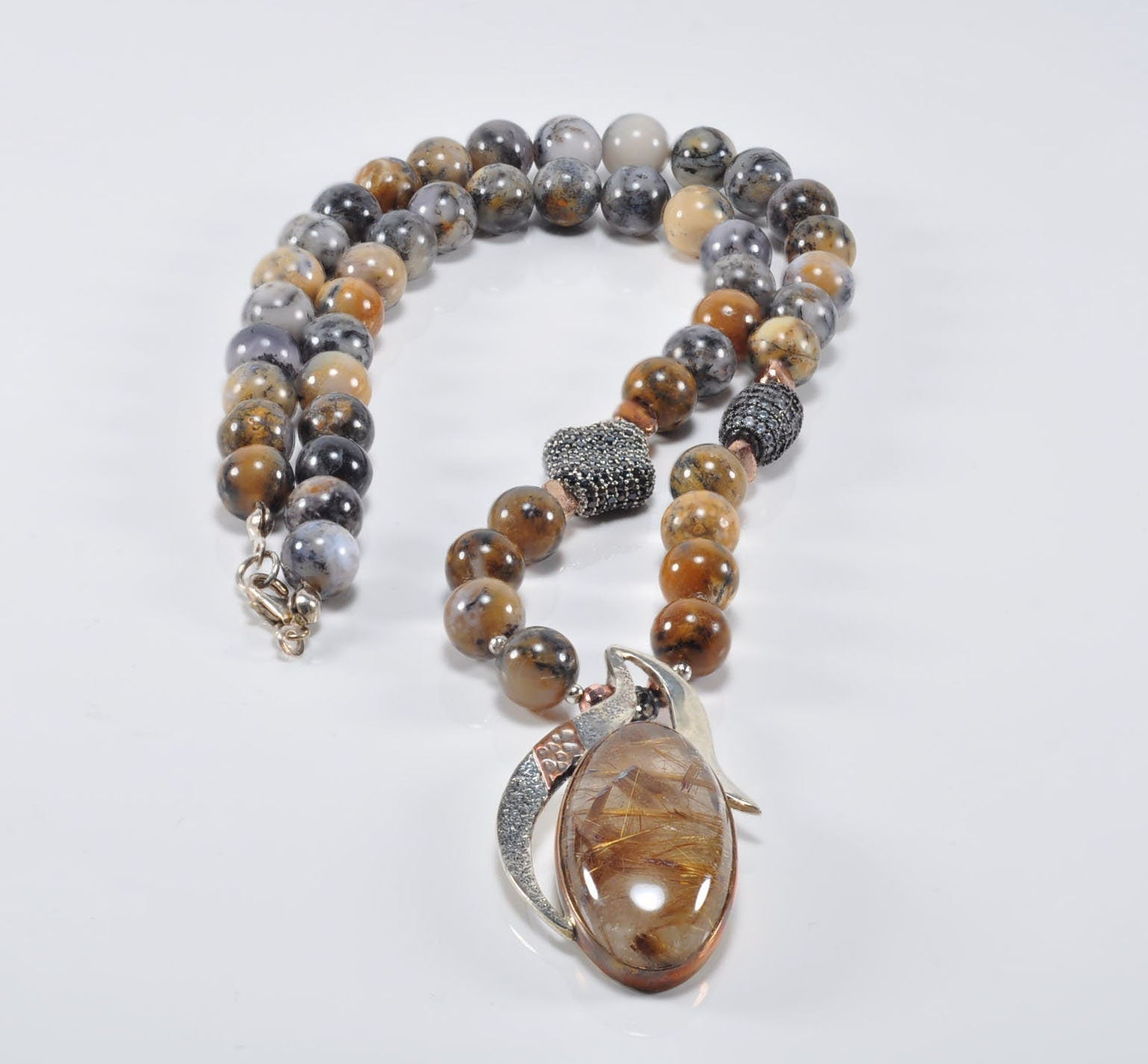 Handmade Jasper Rutilated Quartz Zircon Sterling Silver Necklace