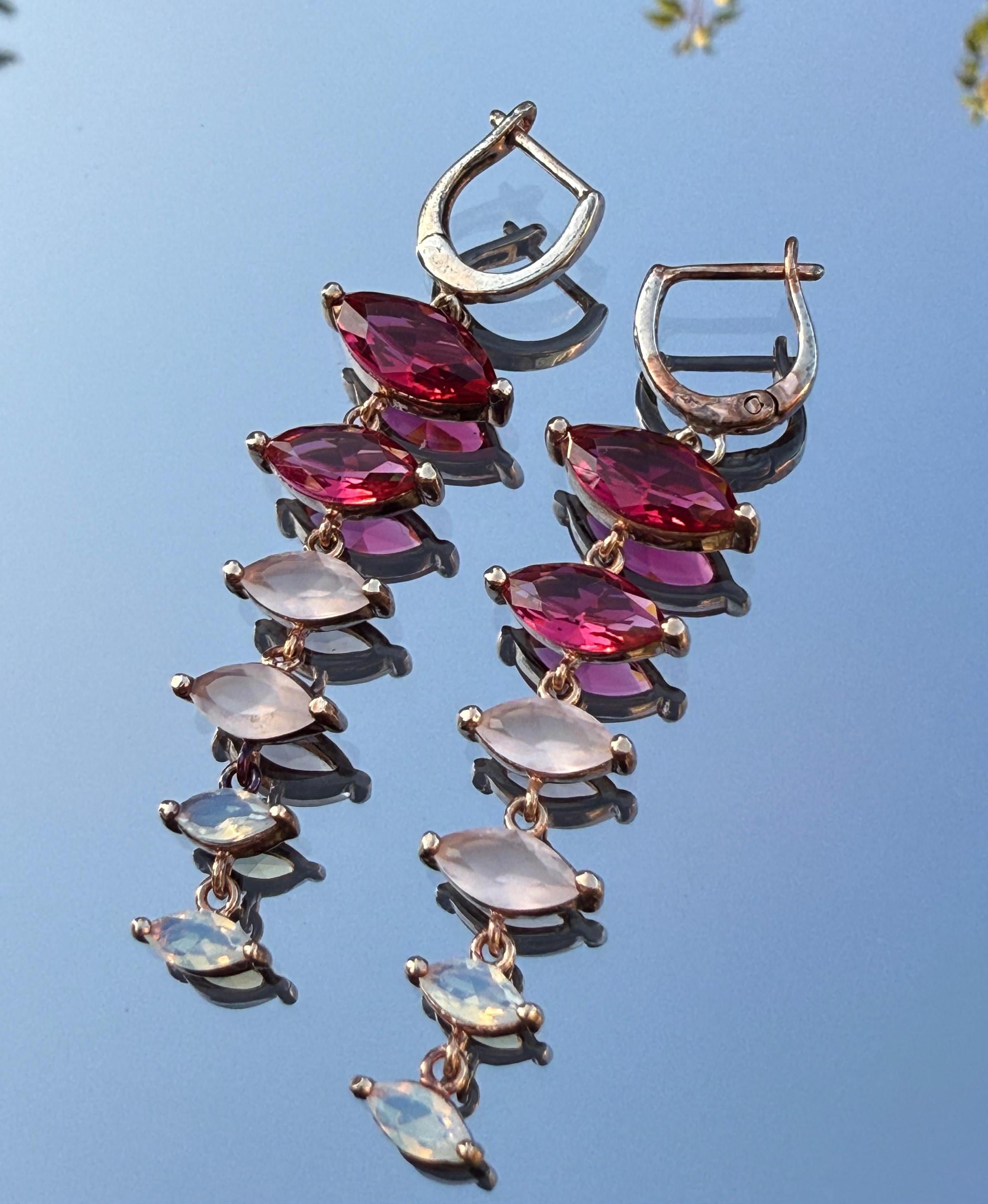 Handmade Rose Silver Earrings: Pink Quartz, Garnet & Opal Gemstone