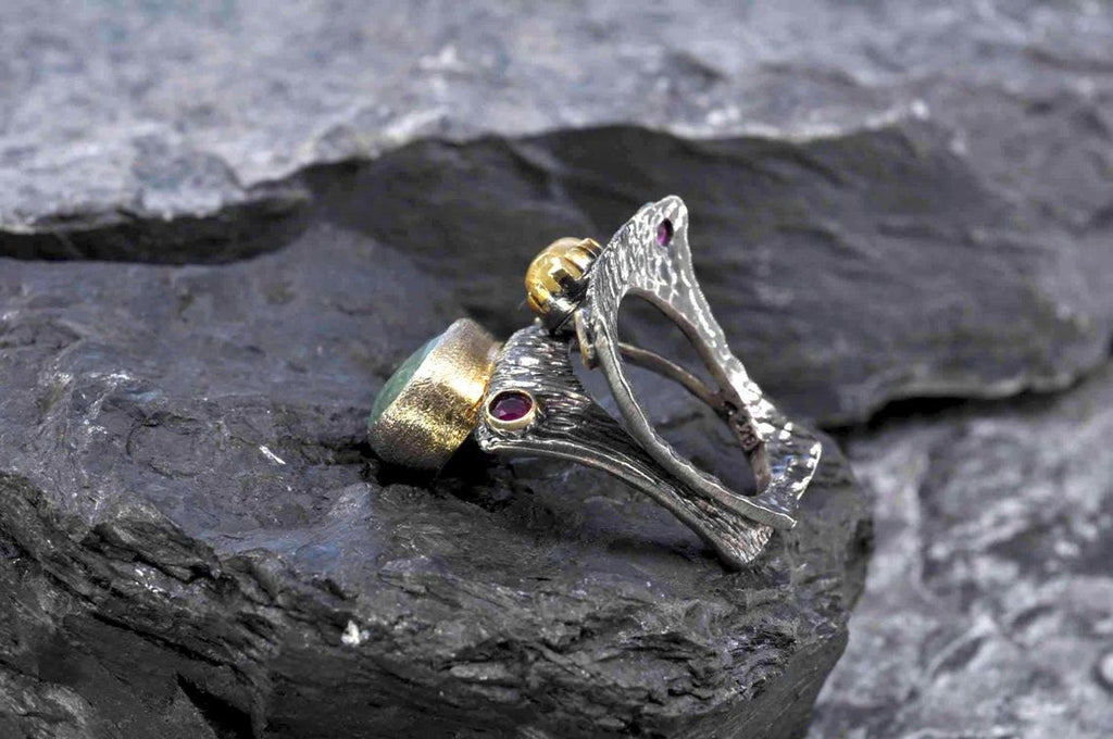 Handmade Emerald Rutile Quartz and Ruby Silver Ring, Multistone Silver Ring, Handcrafted Jewelry Ring, Gift for Her