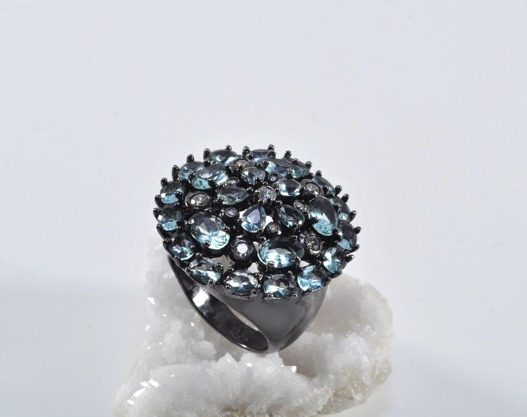 Handmade Aquamarine and Zircon Black Silver Ring:March & December Birthstone