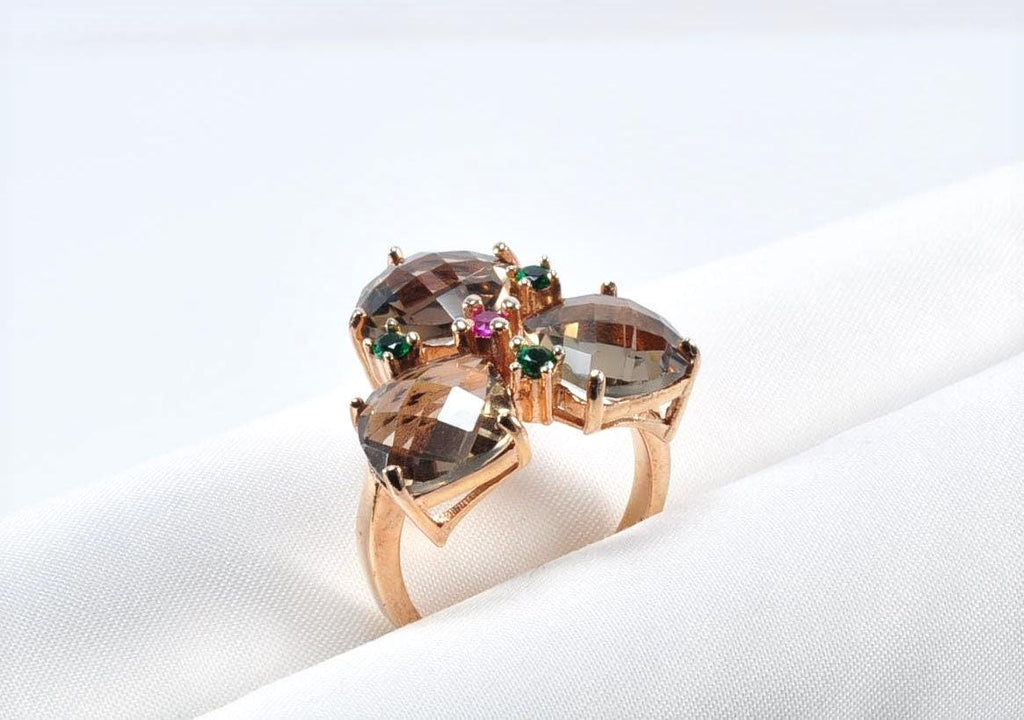 Handmade Smoky Quartz, Emerald & Ruby Silver Ring - Rose Band