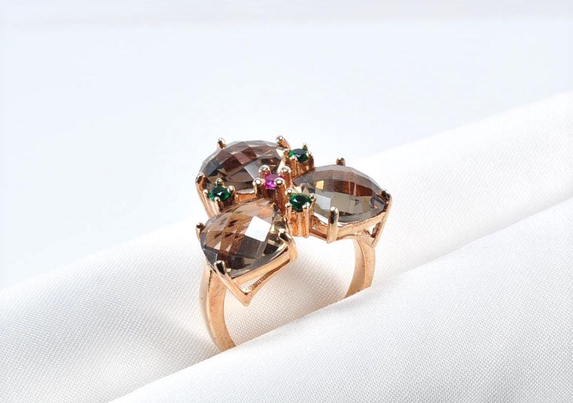 Handmade Smoky Quartz, Emerald & Ruby Silver Ring - Rose Band