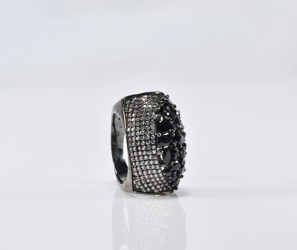 Handmade Zircon and Onyx Silver Ring, Handcrafted Zircon and Onyx Jewelry,Wedding Ring Gift, Black Silver Zircon and Onyx Ring,Gift for her