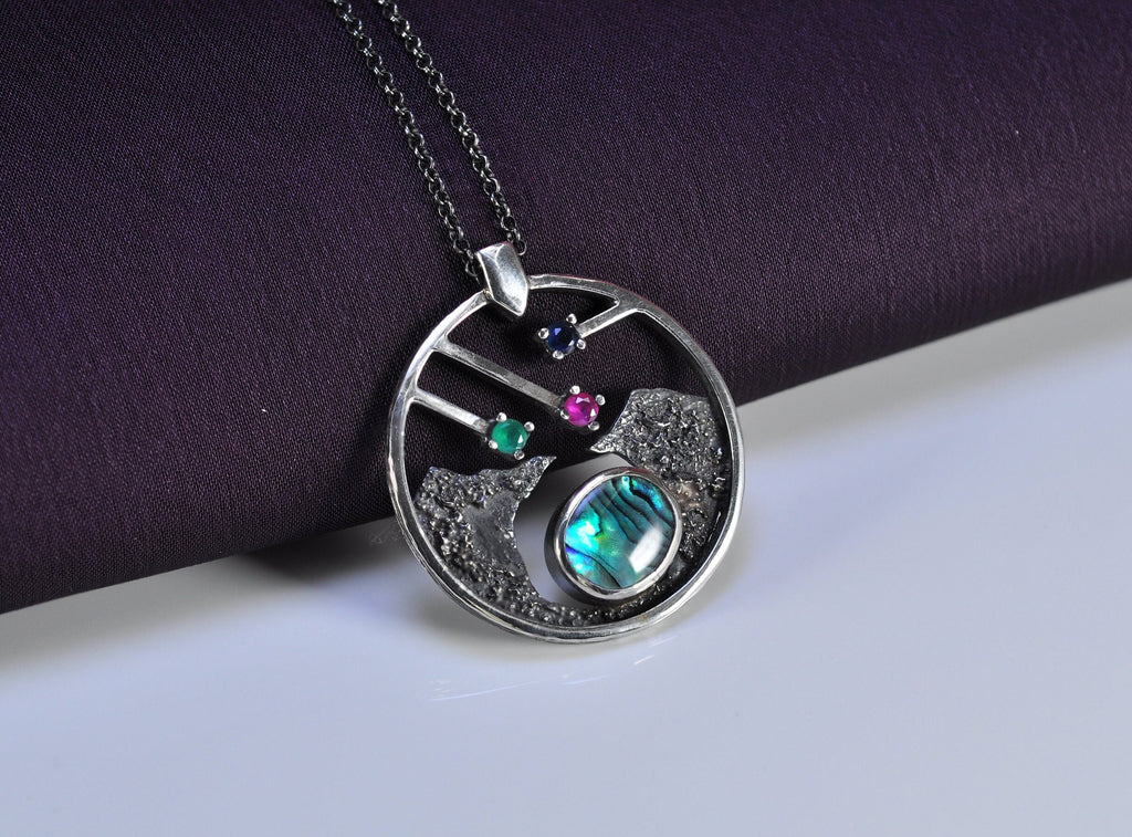 Handmade Genuine Mother of Pearl Emerald Ruby Sapphire Silver Necklace, Multistone Jewelry, Gift for Her