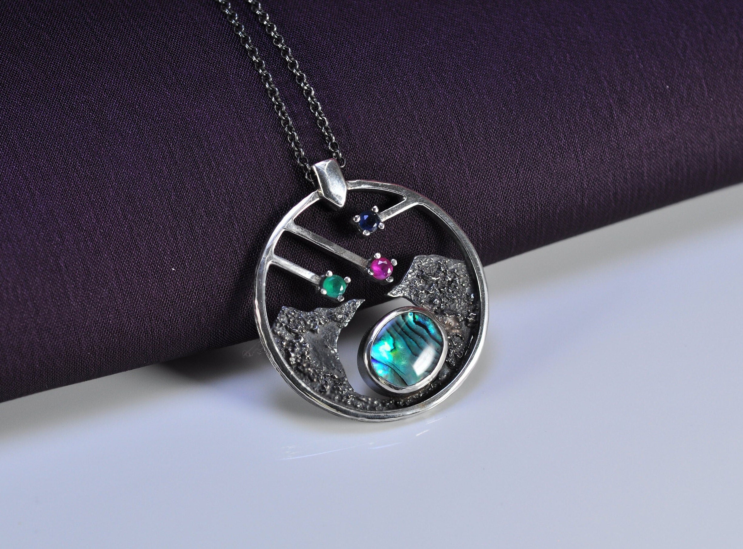 Handmade Genuine Mother of Pearl Emerald Ruby Sapphire Silver Necklace, Multistone Jewelry, Gift for Her
