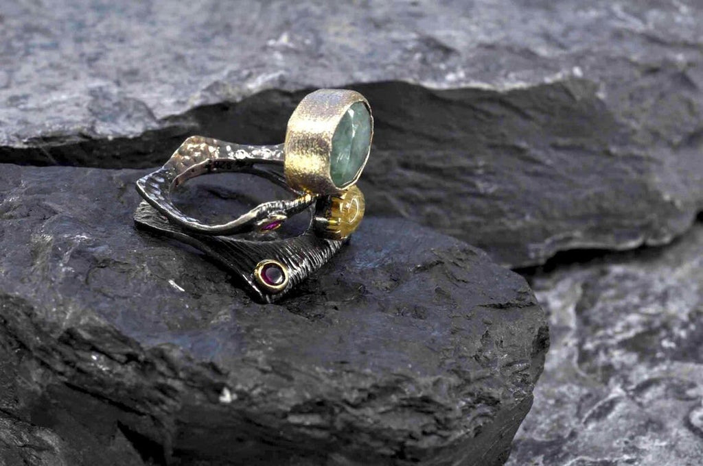 Handmade Emerald Rutile Quartz and Ruby Silver Ring, Multistone Silver Ring, Handcrafted Jewelry Ring, Gift for Her