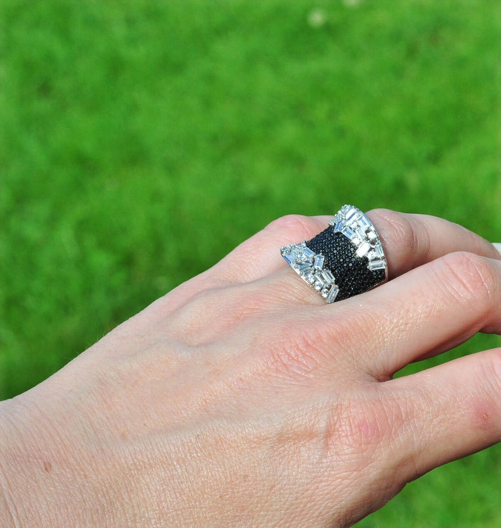 Handmade Baguette Zircon and Black Zircon Ring in Sterling Silver, Unique Gemstone Jewelry