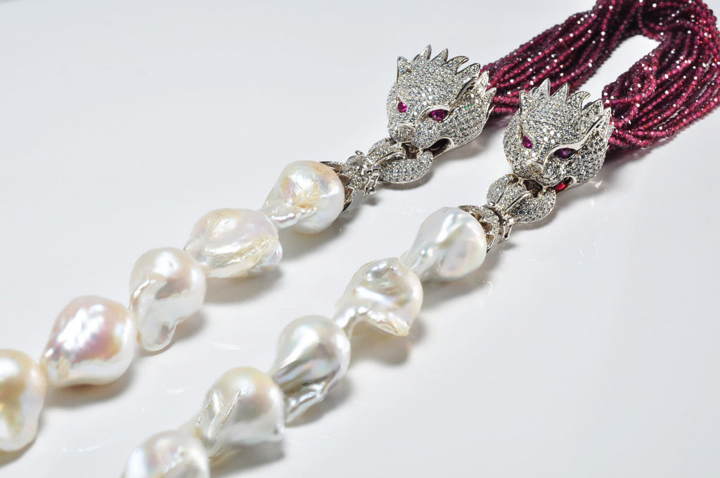 Unique Baroque Pearl and Garnet Necklace,Genuine Big Flameball Pearl Necklace, White Big Pearl and Garnet Necklace, Pearl and Garnet Jewelry