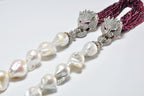Unique Baroque Pearl and Garnet Necklace,Genuine Big Flameball Pearl Necklace, White Big Pearl and Garnet Necklace, Pearl and Garnet Jewelry